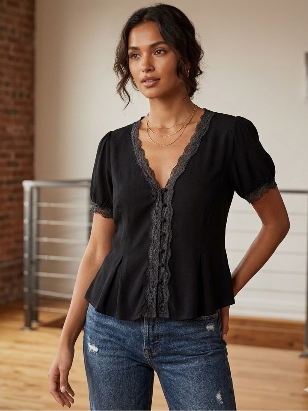 Moa Moa Black Coquette Lace Peplum Blouse XL